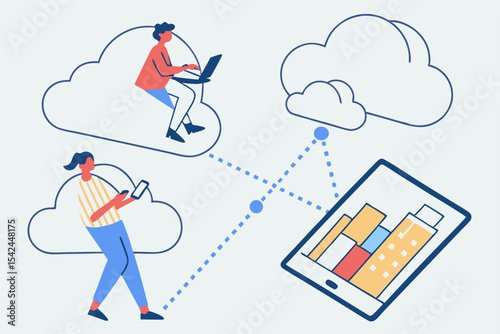 Cloud based data interaction, people on cloud using devices for information exchange, digital connection, tech collaboration, online work, network sharing, vector art.