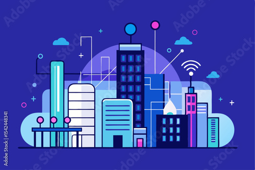 Colorful tech city, buildings with connectivity symbols, smart urban concept, vector illustration for tech or city - development projects.