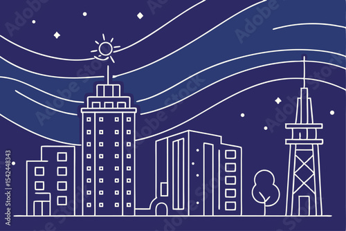 City night scene, white line art, buildings, stars, moon, vector illustration for urban or night - theme designs.
