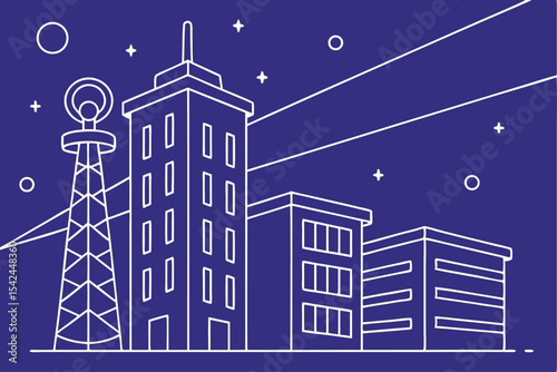 City night scene with communication tower, white line art, buildings, stars, moon, vector illustration for urban or tech - related designs.