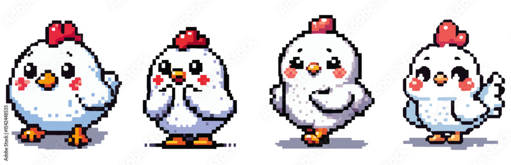 Fototapeta premium Cute pixel art chickens in various poses.