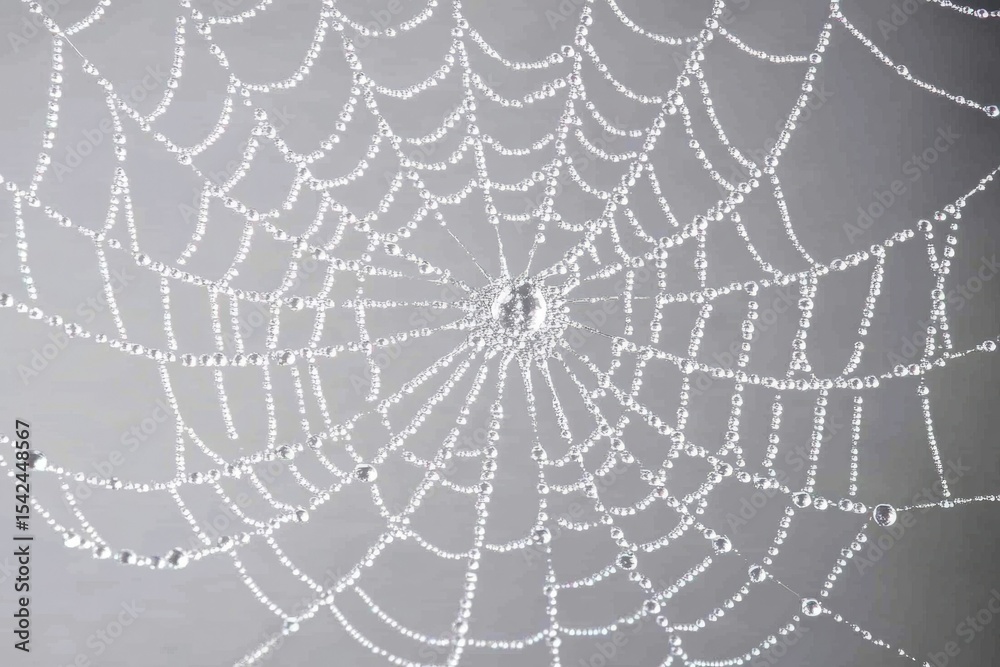 Fototapeta premium A spiderweb glistens with morning dew, each drop catching the light, creating a delicate, ethereal work of natural art.