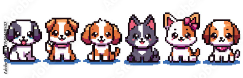 A row of six pixel art style cartoon puppies sitting and smiling.