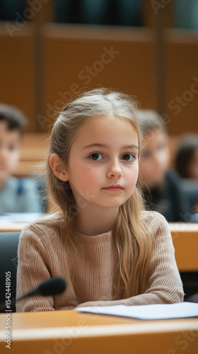 A focused young girl gives testimony, speaking seriously into a microphone during a children's parliamentary hearing or conference