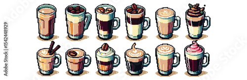A collection of various coffee drinks, each in a mug, with different toppings.
