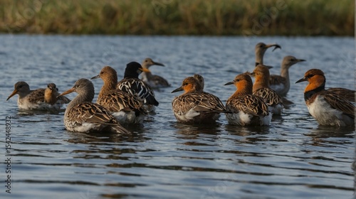 A group of colorful Ruff wading birds standing in calm water