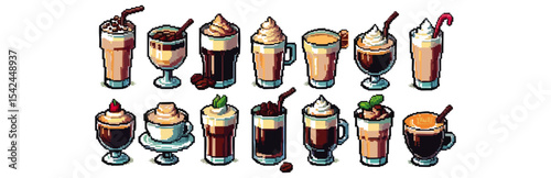 An assortment of coffee drinks with various toppings and containers.