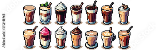 Pixel art illustration of various iced coffee drinks with toppings and straws.