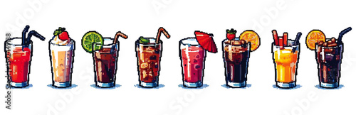 A pixelated illustration showcasing a variety of colorful cocktail beverages, each garnished.