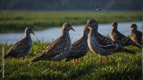 Group of Coursers Birds Standing in Green Grass Field Near Water