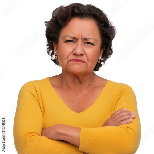 Senior Hispanic woman with angry and frustrated expression and arms crossed, wearing yellow top, isolated on white or transparent background