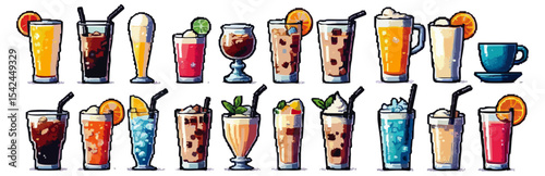 Collection of pixel art drinks in various styles and colors.