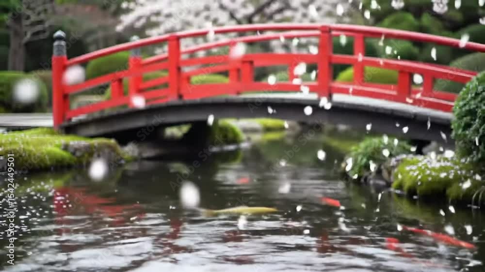 Red bridge over pond with koi fish and falling petals scenery