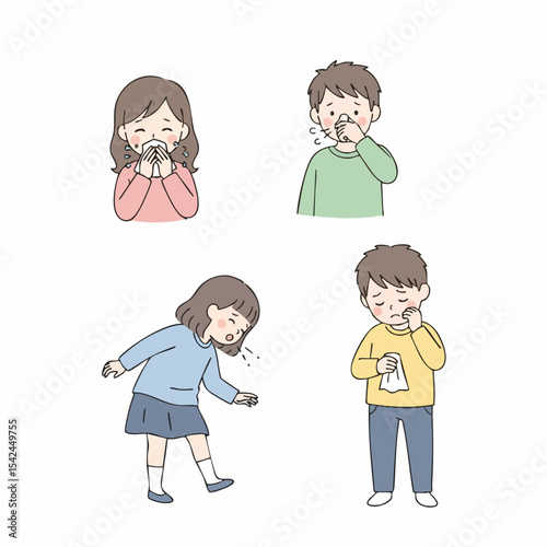 Simple Hand Drawn Cute Children Sick with Various Symptoms Illustration