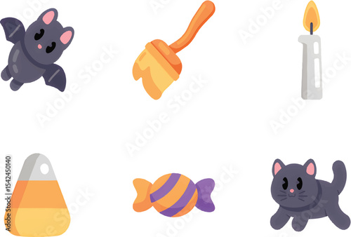 Halloween icons showcasing costumes, candy, spiders, and eerie seasonal symbols.