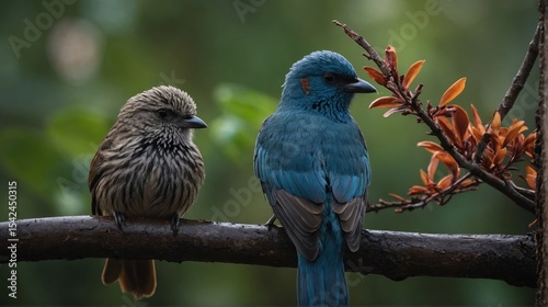 Two Birds Perched on Branch with Orange Flowers in Natural Habitat