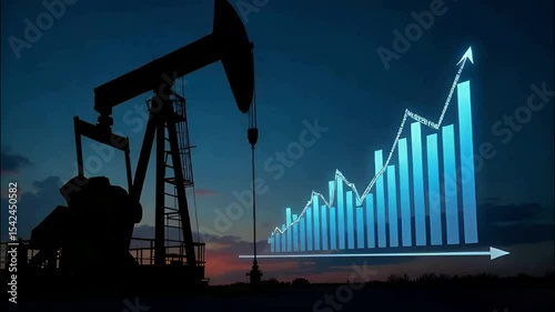 An oil pump jack extracts crude oil from the ground under industrial lights. Behind it, a glowing holographic chart projects upward-trending oil prices, symbolizing growth and a positive outlook