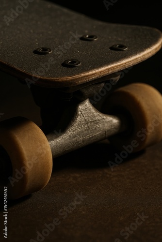Close-up of a skateboard on a dark surface photo