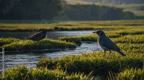 Two Birds Stand on Grassy Islands in a Shallow Stream at Golden Hour