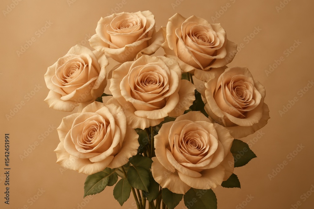 Obraz premium A delicate bouquet of peach-colored roses in full bloom, showcasing their intricate petal arrangements and soft textures against a matching background.