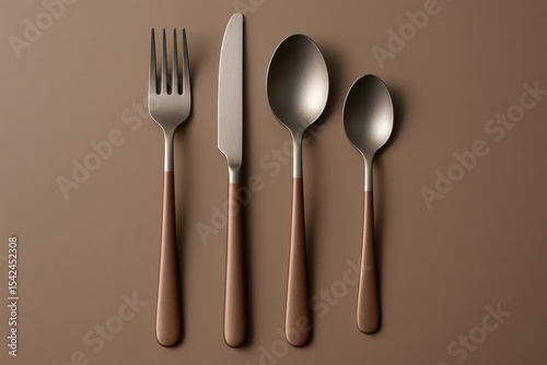 Elegant silverware set on a brown background, including a fork, knife, and two spoons, creating a sophisticated and modern table setting for culinary presentation.
