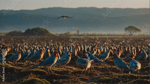 Large Flock of Birds Gather on Grassy Ground with Distant Hills