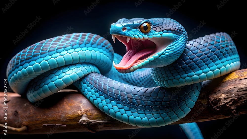 Fototapeta premium Blue Pit Viper Coiled on Branch with Yellow Eyes on a dark background