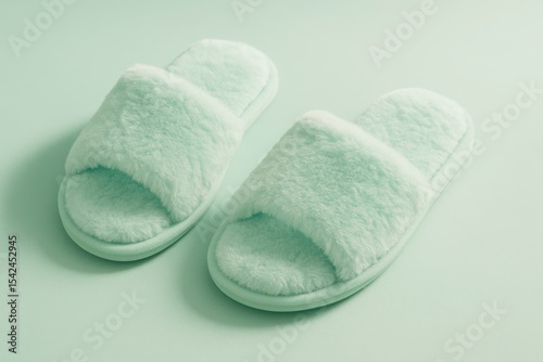 A pair of fluffy mint green slippers arranged on a matching mint green surface, offering a comfortable and relaxing feel with their soft, plush texture and simple, open-toe design.