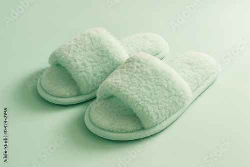 A pair of fluffy light green spa slippers isolated on a matching green background, creating a minimalist, relaxing and luxurious aesthetic, perfect for illustrating comfort.