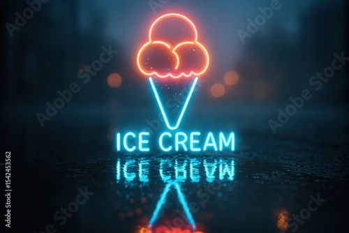 Neon ice cream sign glowing on wet street during nighttime with colorful reflections