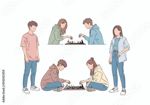 Modern Flat Illustration Teenager Playing Chess Competition with Audience