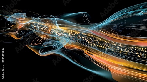 Abstract light streams with glowing particles and circuit board patterns on a dark background design
