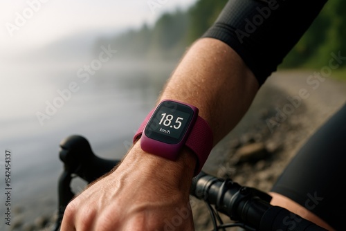 Cyclist with smartwatch tracking speed during scenic ride along foggy lakeside path
