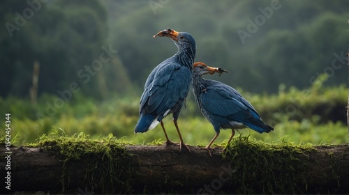 Two Whistling Herons Standing Together on a Mossy Log Holding Prey