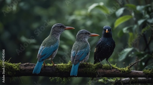 Group of birds perched on mossy branch in forest environment