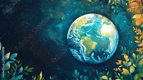 Illustration of Earth surrounded by foliage, set against a starry space background