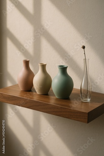 Minimalistic ceramic vases sunlight shadow wooden shelf arrangement