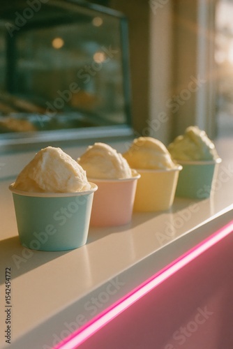 Colorful ice cream cups lined up on sunlit counter in cozy ice cream shop