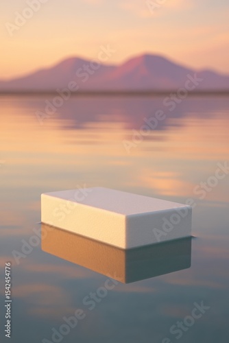 Rectangular white object floating on calm reflective water at sunset with mountains in background