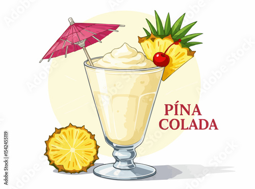 Pina Colada Cocktail with Pineapple, Cherry and Paper Umbrella