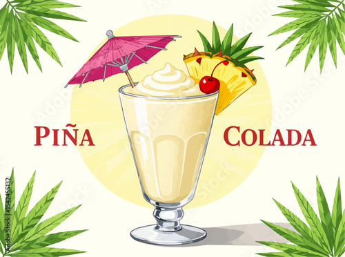 Pina Colada Cocktail with Pineapple, Cherry and Paper Umbrella