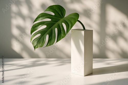 Monstera leaf in minimalistic white vase with soft sunlight shadows on white surface