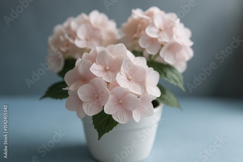 Pale pink hydrangeas in white pot against soft blue background with delicate green leaves