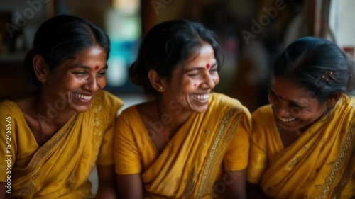 Joyful camaraderie: Three women sharing laughter in traditional attire and warm ambiance