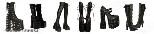 Black Gothic Platform Boots and Heels with Buckles, Studs, Laces and High Soles – Punk, Grunge, Fetish and Cyber-Inspired Alternative Footwear in Leather, Suede and Glossy Textures – Edgy Shoes for Ra