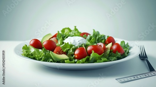 A close up shot of a salad with tomatoes avocado and a dollop of cream on a white plate with a fork