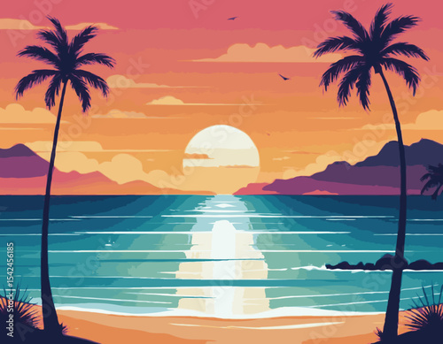 Vector flat landscape illustration of wild nature summer sunset on beach view with sky, sea coast, ocean, palm trees. For travel banners, cards, vacation and touristic advertising, brochures, flayer.