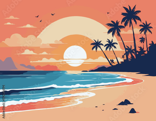 Vector flat landscape illustration of wild nature summer sunset on beach view with sky, sea coast, ocean, palm trees. For travel banners, cards, vacation and touristic advertising, brochures, flayer.