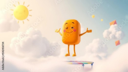Joyful Jumping Character Animation Set Against a Dreamy Sky Backdrop with Sunshine