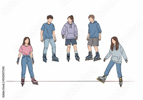 Line Art Diverse Group of People Inline Skating Outdoor Activity Illustration